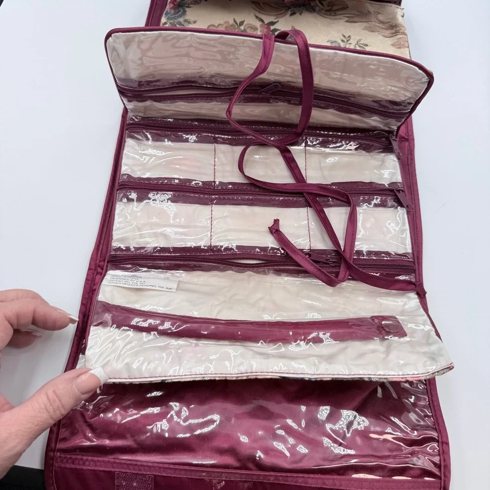 Freedom Jewelry Bag Floral Tapestry Hanging Travel Organizer Burgundy Roll Up